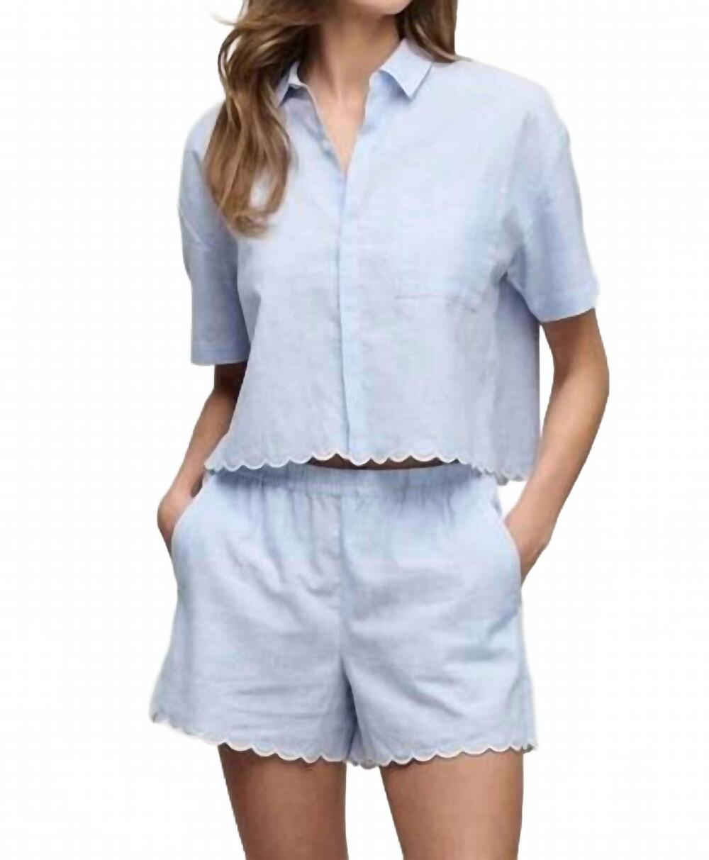 NEW BAREFOOT DREAMS linen blend shirt with scallop in lakeside stripe